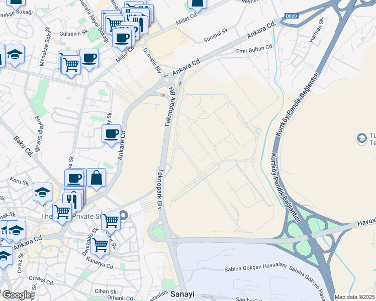 map of restaurants, bars, coffee shops, grocery stores, and more near 1 Teknopark Bulvarı in Pendik