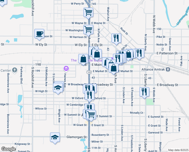 map of restaurants, bars, coffee shops, grocery stores, and more near 45 East Columbia Street in Alliance