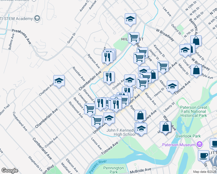 map of restaurants, bars, coffee shops, grocery stores, and more near 294 Edmund Avenue in Paterson