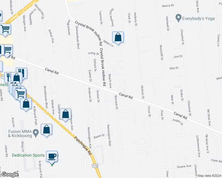 map of restaurants, bars, coffee shops, grocery stores, and more near 3 Beach Avenue in Port Jefferson Station