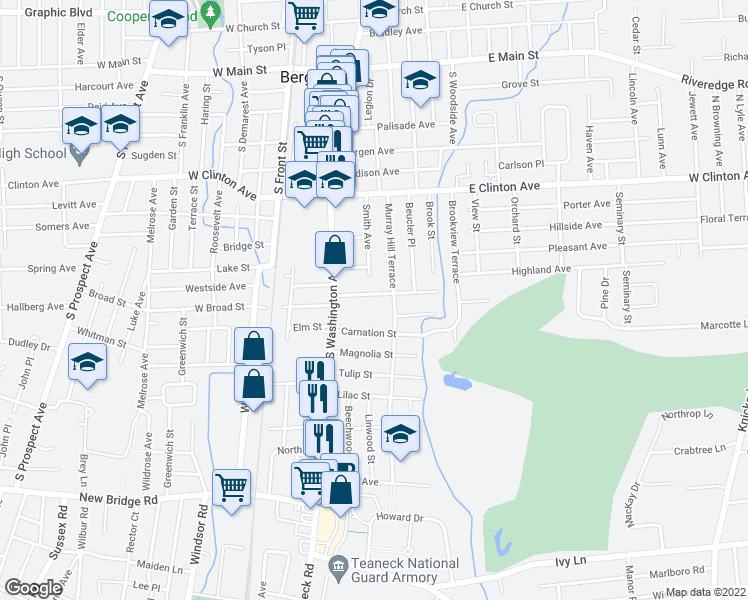 map of restaurants, bars, coffee shops, grocery stores, and more near 38 East Broad Street in Bergenfield