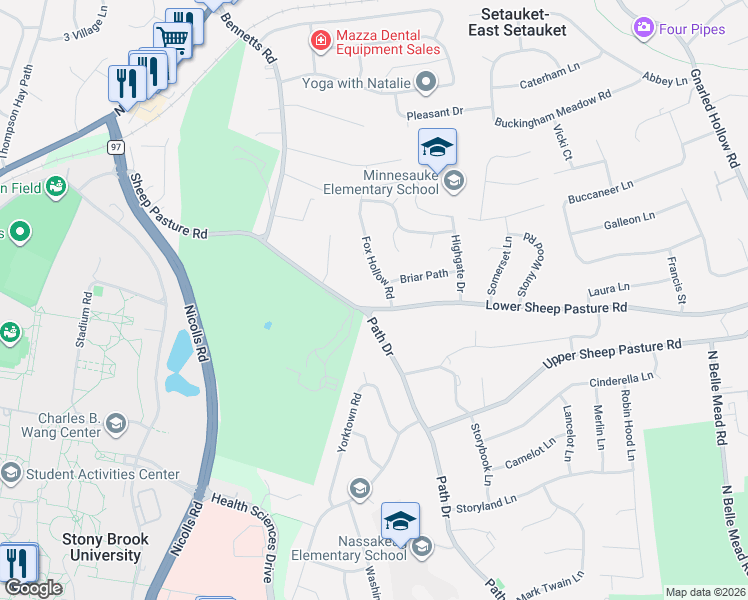 map of restaurants, bars, coffee shops, grocery stores, and more near 161 Sheep Pasture Road in Setauket- East Setauket