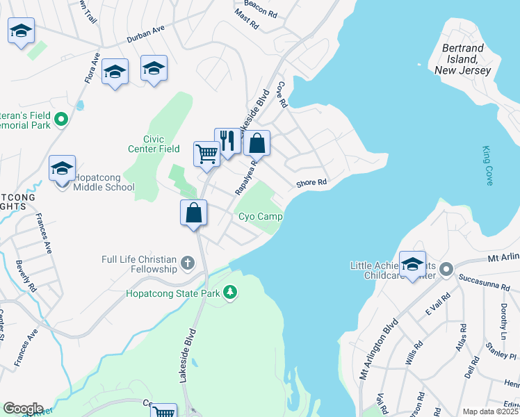map of restaurants, bars, coffee shops, grocery stores, and more near 9 Boomer Road in Hopatcong