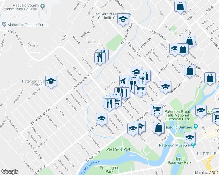 map of restaurants, bars, coffee shops, grocery stores, and more near 140 Ryerson Avenue in Paterson