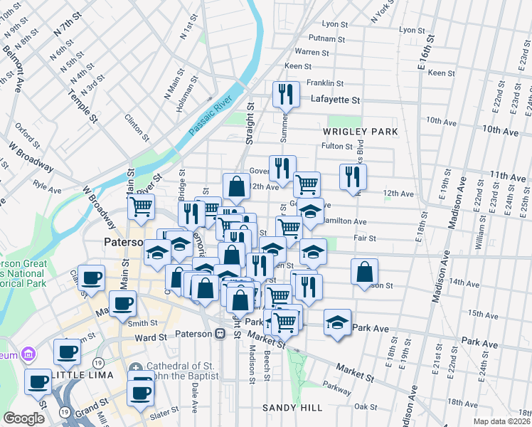 map of restaurants, bars, coffee shops, grocery stores, and more near 50 Auburn Street in Paterson