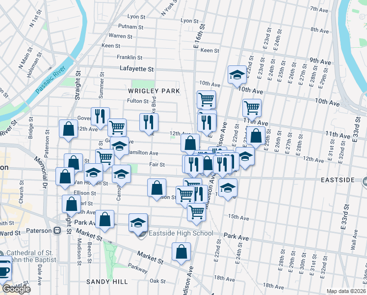 map of restaurants, bars, coffee shops, grocery stores, and more near 200 Godwin Avenue in Paterson