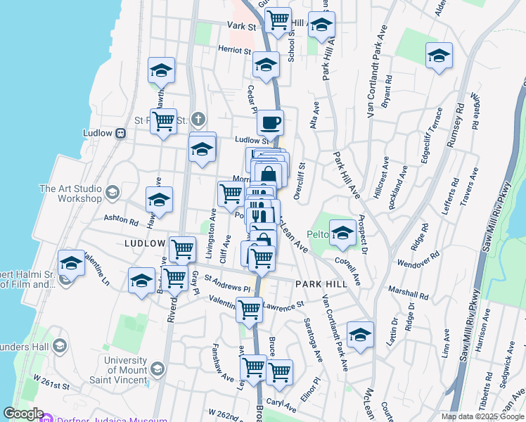 map of restaurants, bars, coffee shops, grocery stores, and more near in Yonkers