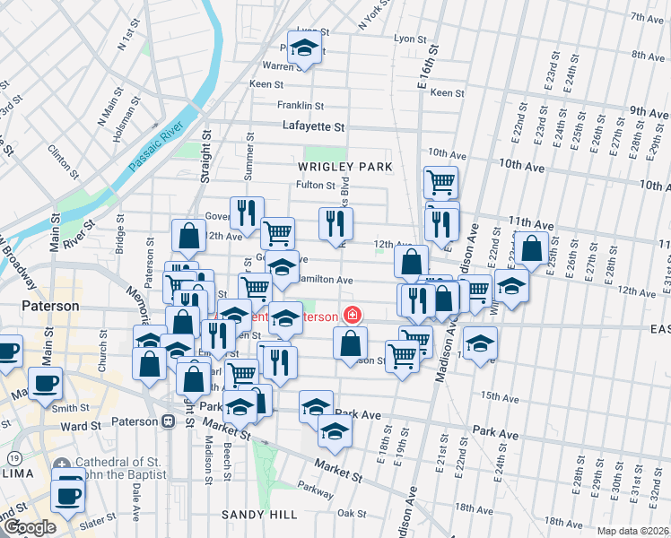 map of restaurants, bars, coffee shops, grocery stores, and more near 278 Hamilton Avenue in Paterson