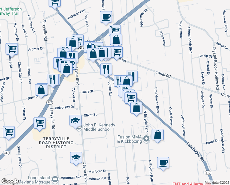 map of restaurants, bars, coffee shops, grocery stores, and more near 34 Joline Road in Port Jefferson Station