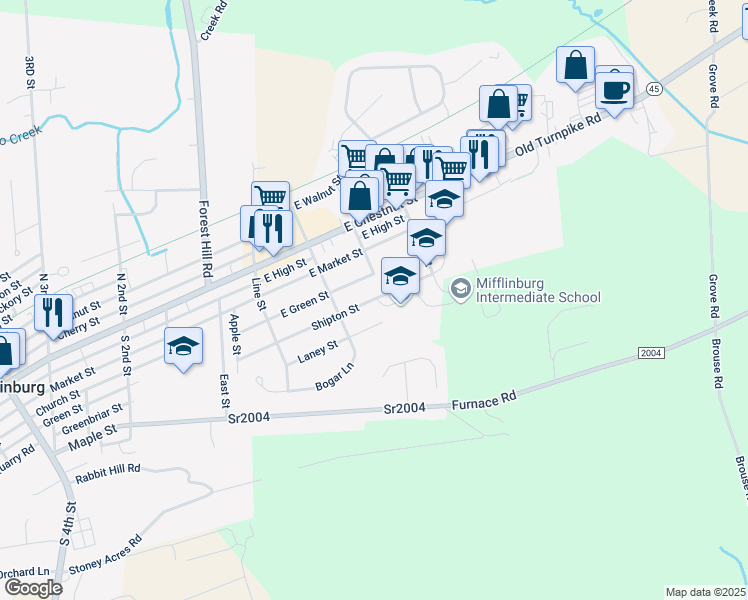 map of restaurants, bars, coffee shops, grocery stores, and more near 115 Shipton Street in Mifflinburg