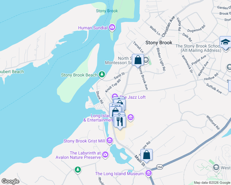map of restaurants, bars, coffee shops, grocery stores, and more near 4 Cedar Hill Road in Stony Brook