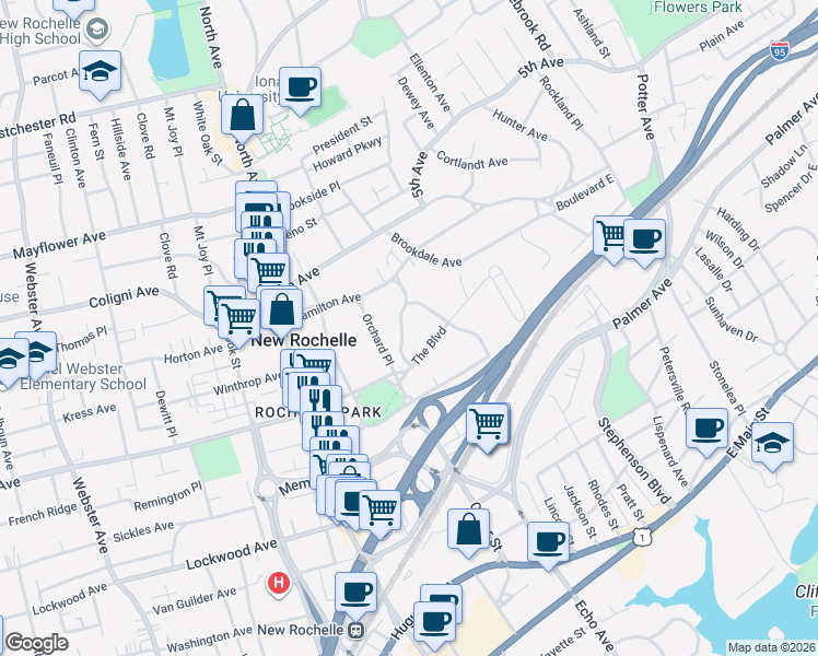 map of restaurants, bars, coffee shops, grocery stores, and more near 1 The Serpentine in New Rochelle