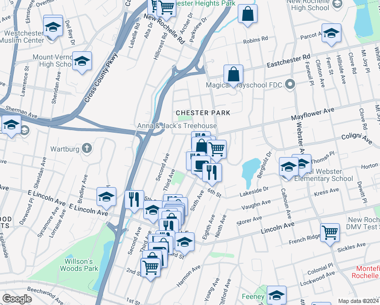 map of restaurants, bars, coffee shops, grocery stores, and more near 529 Fourth Avenue in Village of Pelham