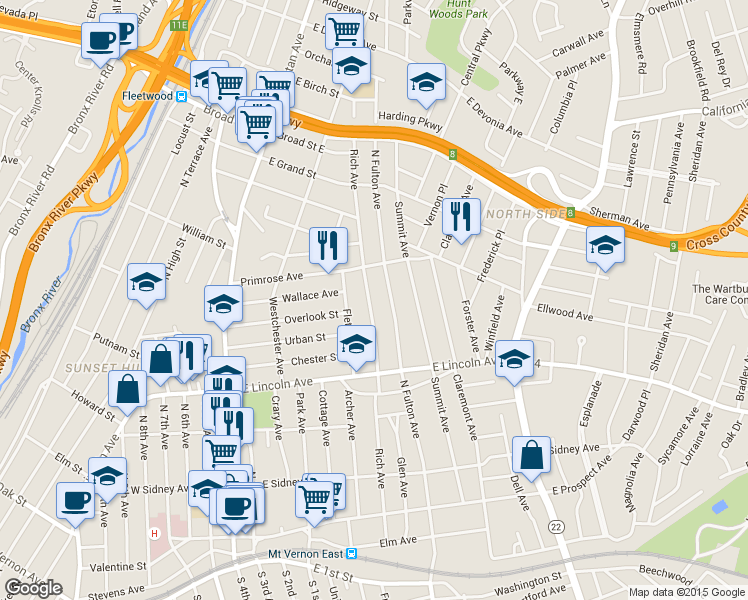 map of restaurants, bars, coffee shops, grocery stores, and more near 256 Rich Avenue in Mount Vernon