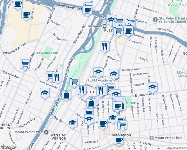 map of restaurants, bars, coffee shops, grocery stores, and more near 430 North Terrace Avenue in Mount Vernon