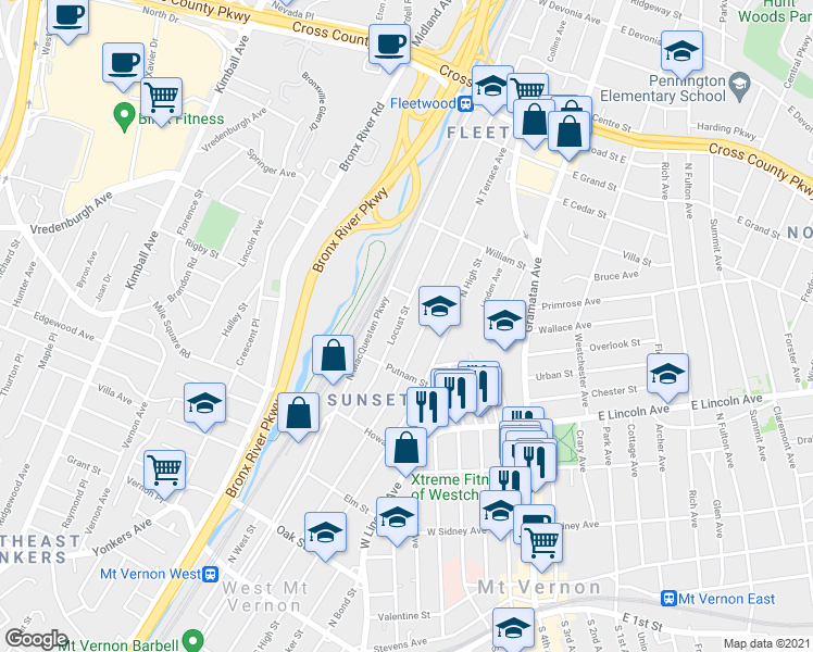 map of restaurants, bars, coffee shops, grocery stores, and more near 430 North Terrace Avenue in Mount Vernon