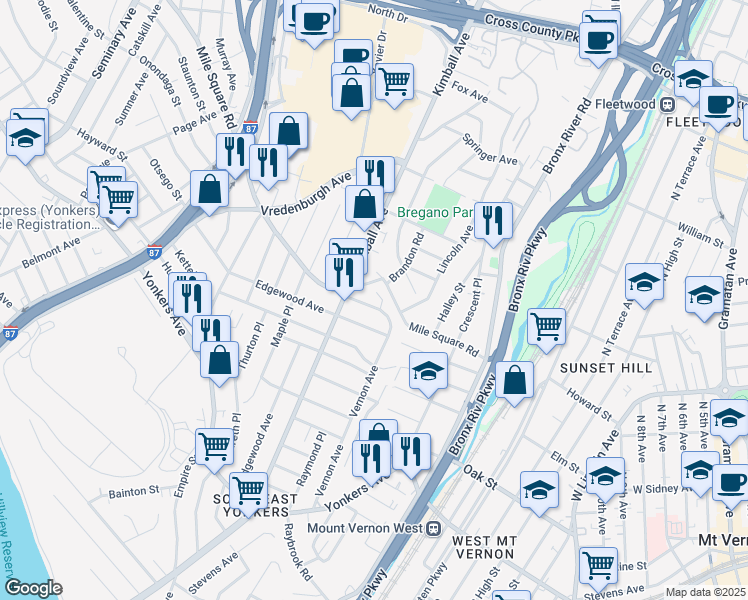 map of restaurants, bars, coffee shops, grocery stores, and more near 187 Vernon Avenue in Yonkers
