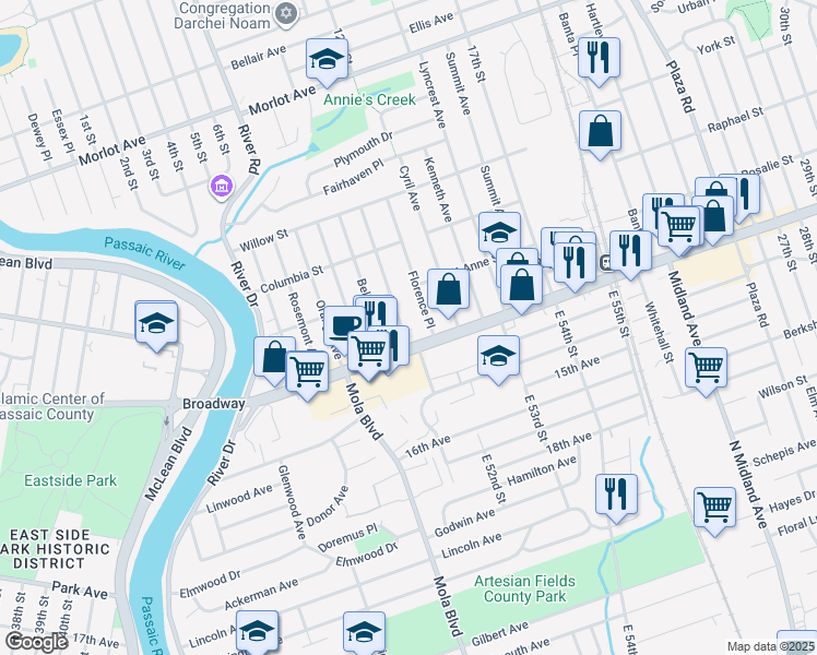map of restaurants, bars, coffee shops, grocery stores, and more near 129 Broadway in Elmwood Park