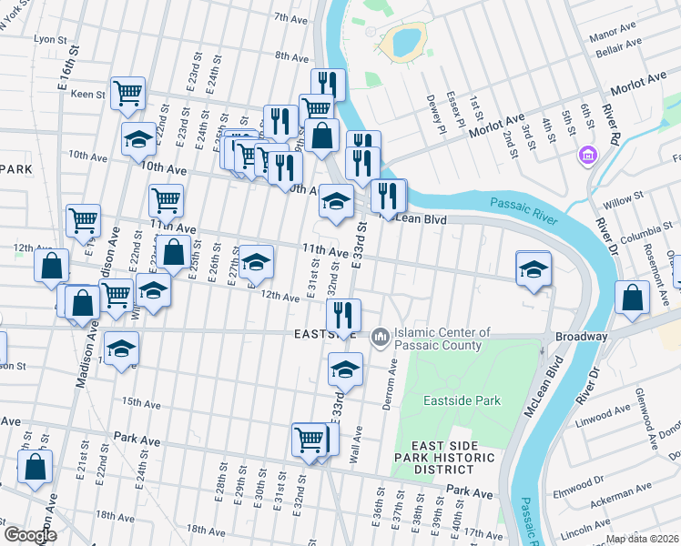 map of restaurants, bars, coffee shops, grocery stores, and more near 135 East 32nd Street in Paterson
