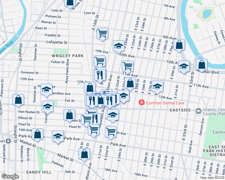 map of restaurants, bars, coffee shops, grocery stores, and more near in Paterson