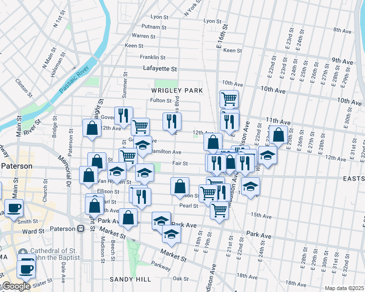 map of restaurants, bars, coffee shops, grocery stores, and more near in Paterson
