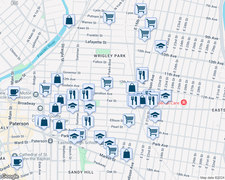 map of restaurants, bars, coffee shops, grocery stores, and more near in Paterson