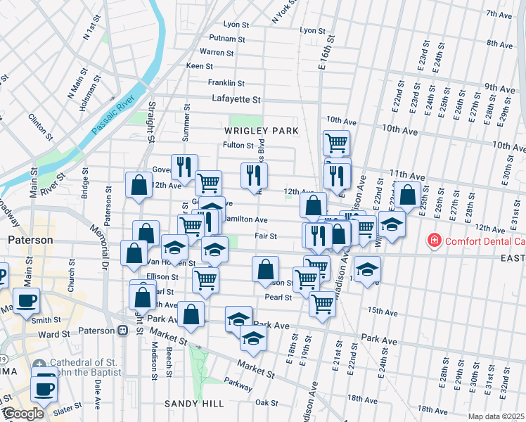 map of restaurants, bars, coffee shops, grocery stores, and more near in Paterson