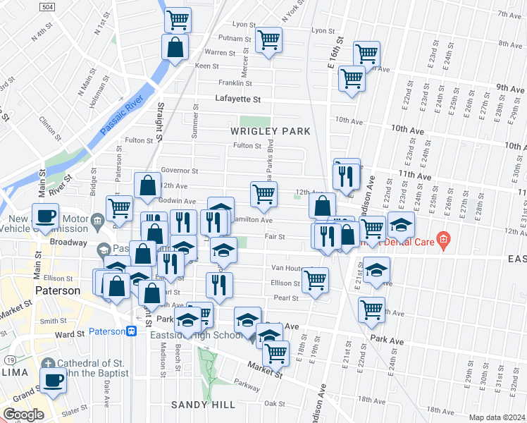 map of restaurants, bars, coffee shops, grocery stores, and more near 278 Hamilton Avenue in Paterson