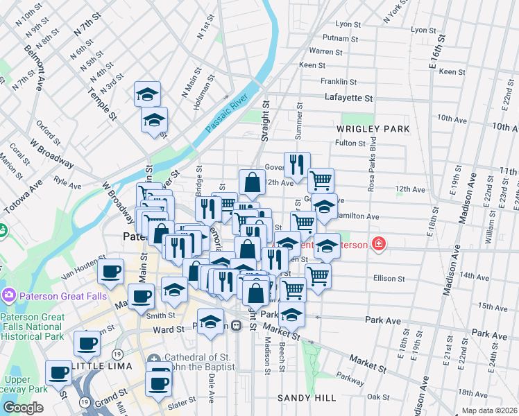 map of restaurants, bars, coffee shops, grocery stores, and more near 147 Fair Street in Paterson