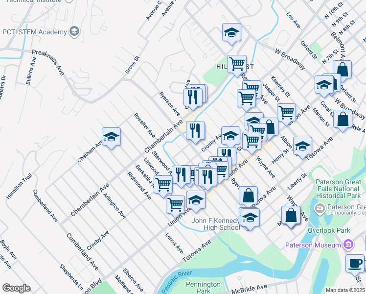 map of restaurants, bars, coffee shops, grocery stores, and more near 294 Edmund Avenue in Paterson