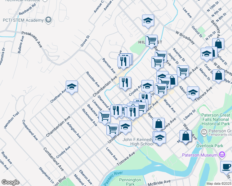 map of restaurants, bars, coffee shops, grocery stores, and more near 294 Edmund Avenue in Paterson