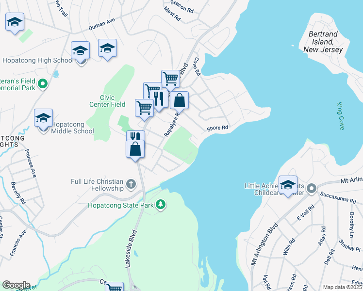map of restaurants, bars, coffee shops, grocery stores, and more near 9 Boomer Road in Hopatcong