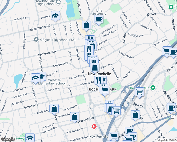 map of restaurants, bars, coffee shops, grocery stores, and more near 27 Horton Avenue in New Rochelle