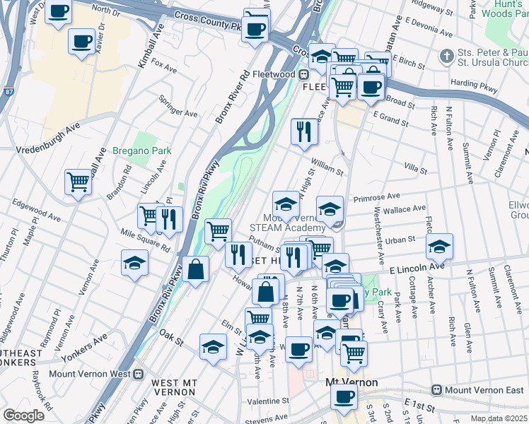 map of restaurants, bars, coffee shops, grocery stores, and more near 430 North Terrace Avenue in Mount Vernon
