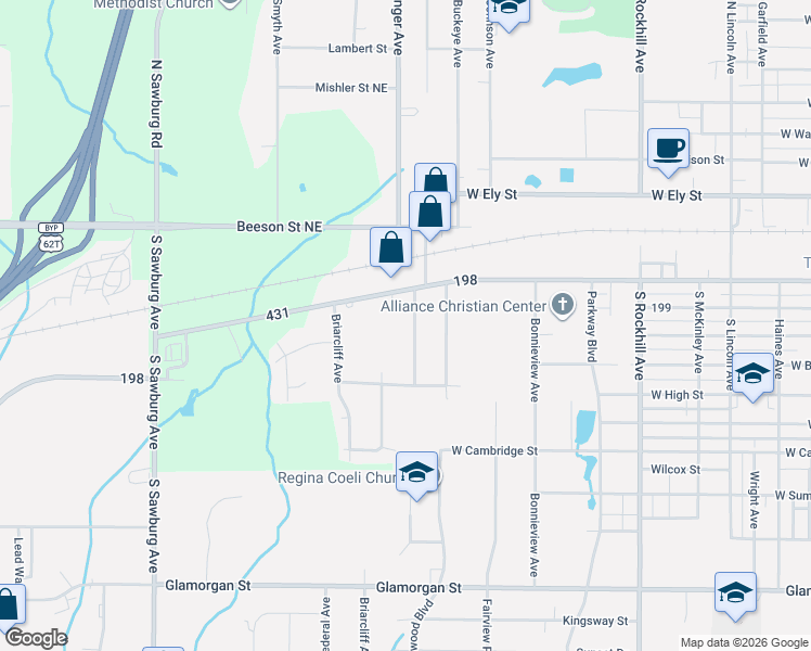 map of restaurants, bars, coffee shops, grocery stores, and more near 205 Florence Avenue in Alliance