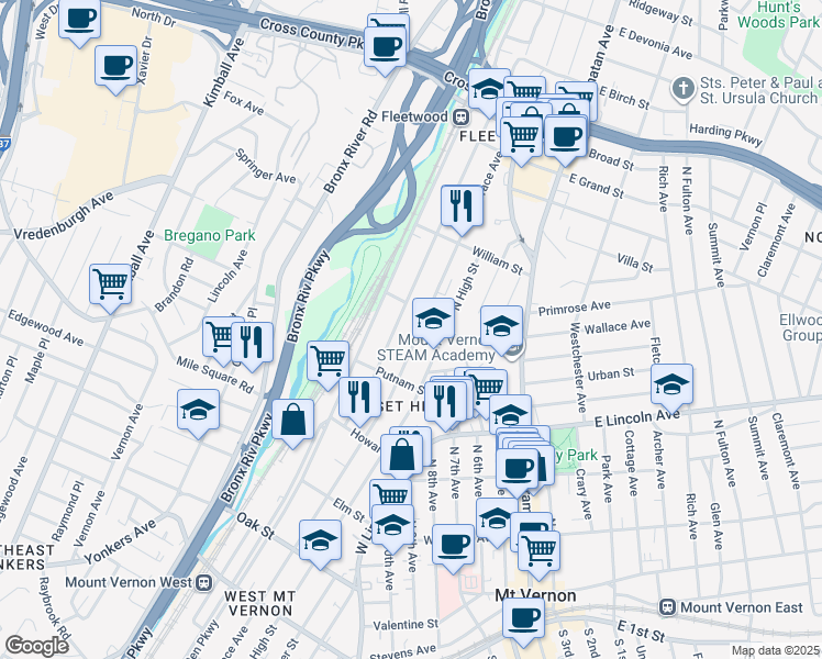map of restaurants, bars, coffee shops, grocery stores, and more near 430 North Terrace Avenue in Mount Vernon
