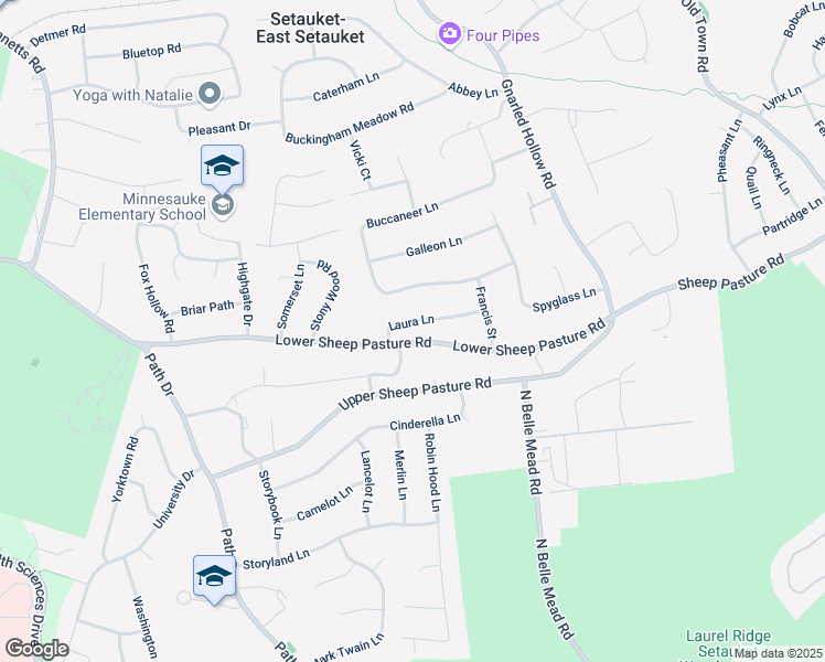 map of restaurants, bars, coffee shops, grocery stores, and more near 12 Laura Lane in Setauket- East Setauket