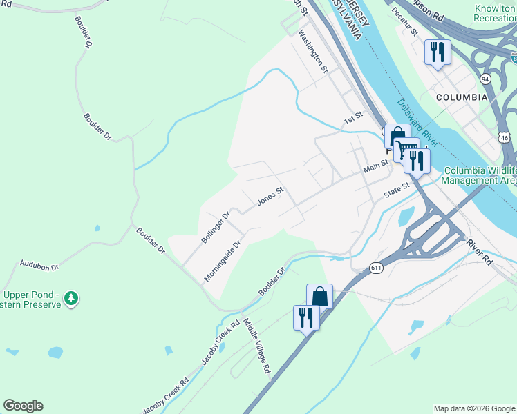 map of restaurants, bars, coffee shops, grocery stores, and more near 171 Bollinger Drive in Mount Bethel