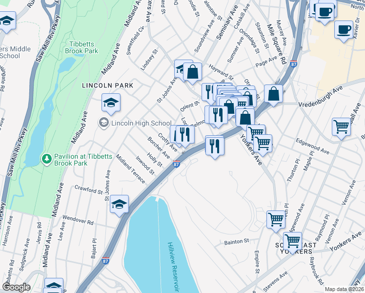 map of restaurants, bars, coffee shops, grocery stores, and more near 467 Central Park Avenue in Yonkers