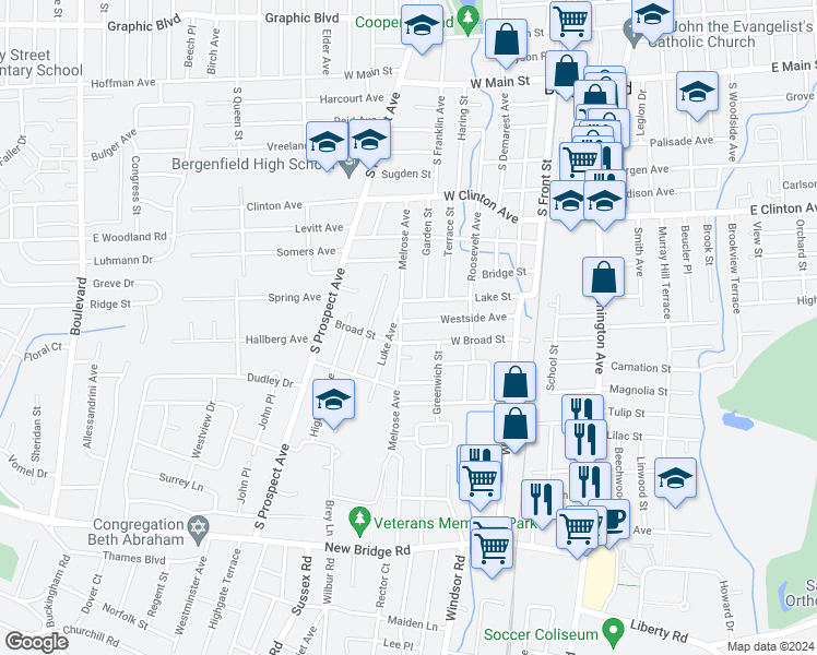 map of restaurants, bars, coffee shops, grocery stores, and more near 100 Westside Avenue in Bergenfield