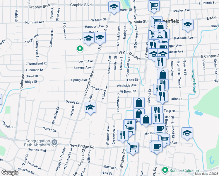 map of restaurants, bars, coffee shops, grocery stores, and more near 100 Westside Avenue in Bergenfield