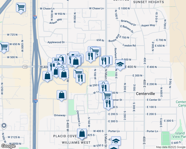 map of restaurants, bars, coffee shops, grocery stores, and more near 288 North 100 West in Centerville