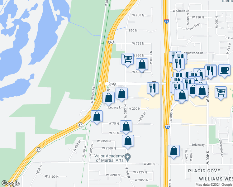 map of restaurants, bars, coffee shops, grocery stores, and more near 305 North 1300 West in Centerville