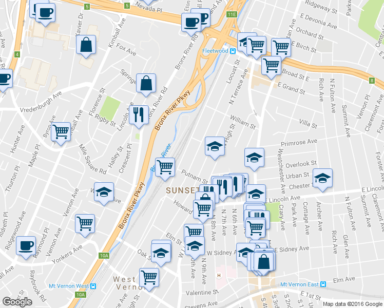 map of restaurants, bars, coffee shops, grocery stores, and more near 417 North MacQuesten Parkway in Mount Vernon