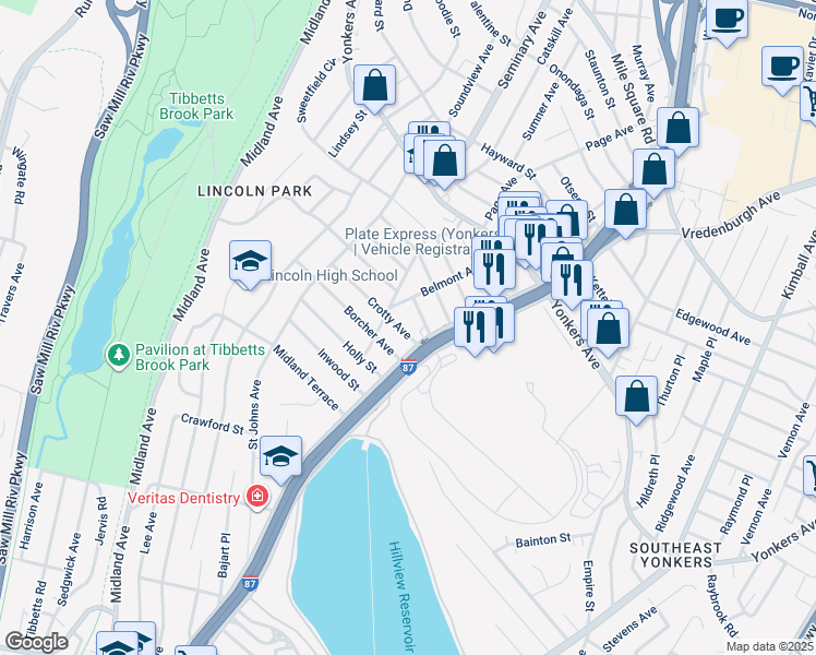 map of restaurants, bars, coffee shops, grocery stores, and more near 467 Central Park Avenue in Yonkers
