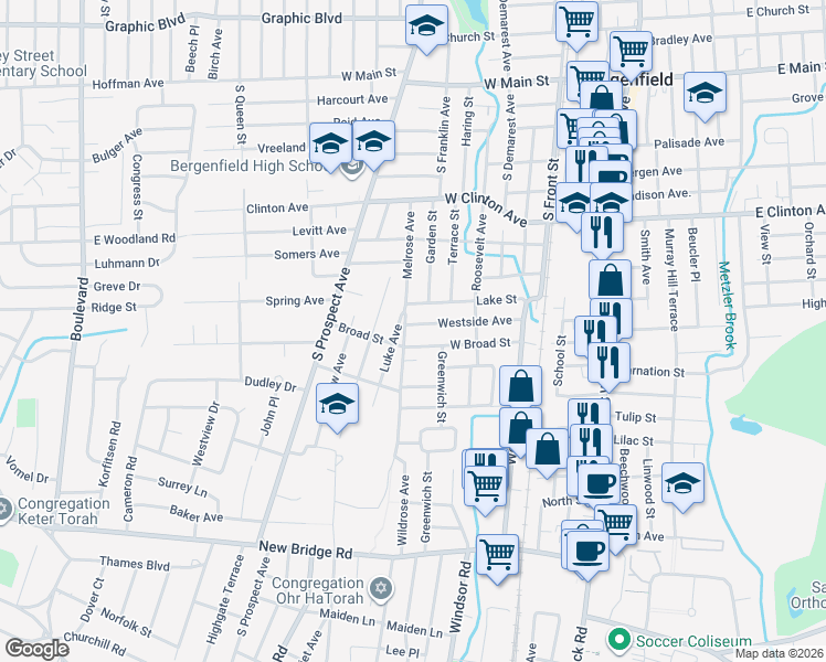 map of restaurants, bars, coffee shops, grocery stores, and more near 100 Westside Avenue in Bergenfield