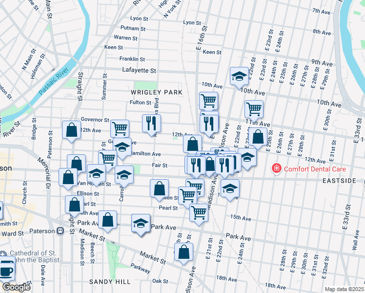 map of restaurants, bars, coffee shops, grocery stores, and more near 341 Hamilton Avenue in Paterson