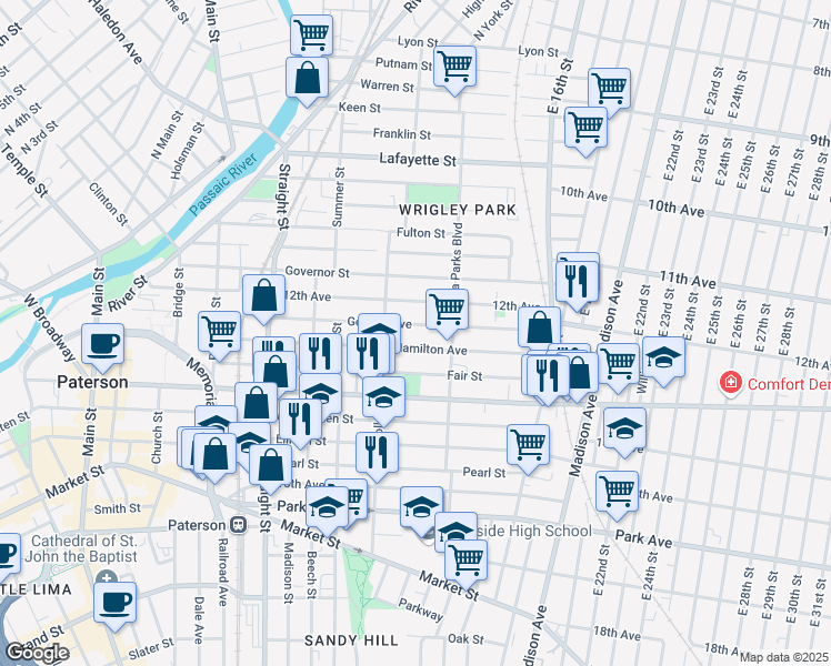 map of restaurants, bars, coffee shops, grocery stores, and more near 278 Hamilton Avenue in Paterson