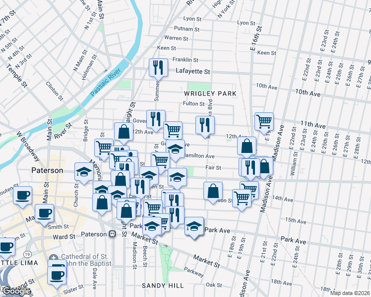 map of restaurants, bars, coffee shops, grocery stores, and more near 137 Carroll Street in Paterson