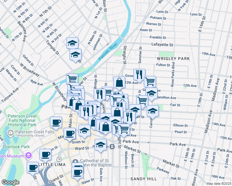 map of restaurants, bars, coffee shops, grocery stores, and more near 103 Fair Street in Paterson